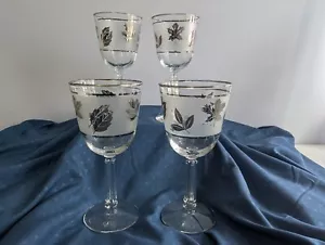 4 Silver Foil Leaf Frosted Wine Glasses 7" Libbey Libby Vintage MCM - Picture 1 of 24