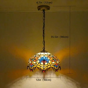 Tiffany Stained Glass Ceiling Pendant Light Fixture Vintage 12 Inch Hanging Lamp - Picture 1 of 8