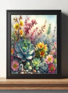 Succulents Spring wild Flowers plant watercolor painting print poster wall art - Picture 1 of 4