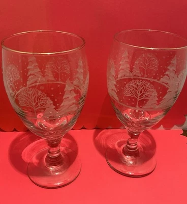 Vintage 2 Libby Arby’s Stemmed Glass Goblet Gold Rim White Winter Snow Trees - Image 1 of 2