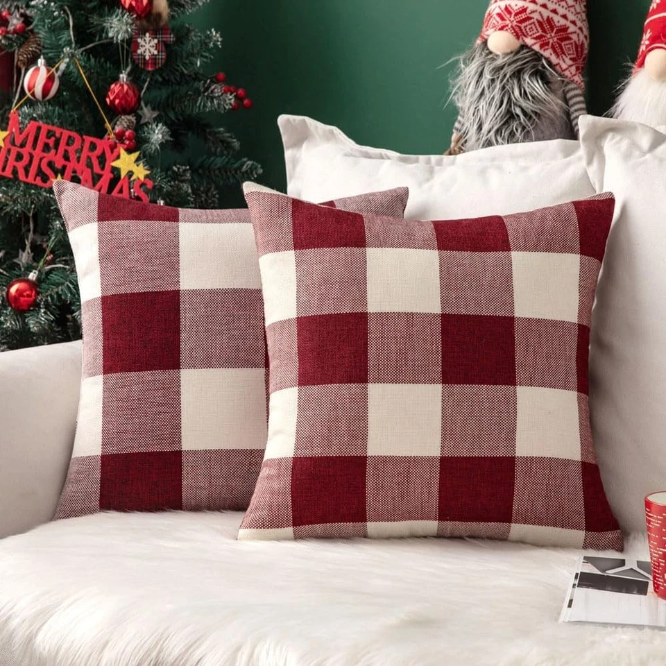 Pack of 2 Christmas Classic Farmhouse Buffalo Check Plaids Linen Soft Soild Deco - Image 1 of 4