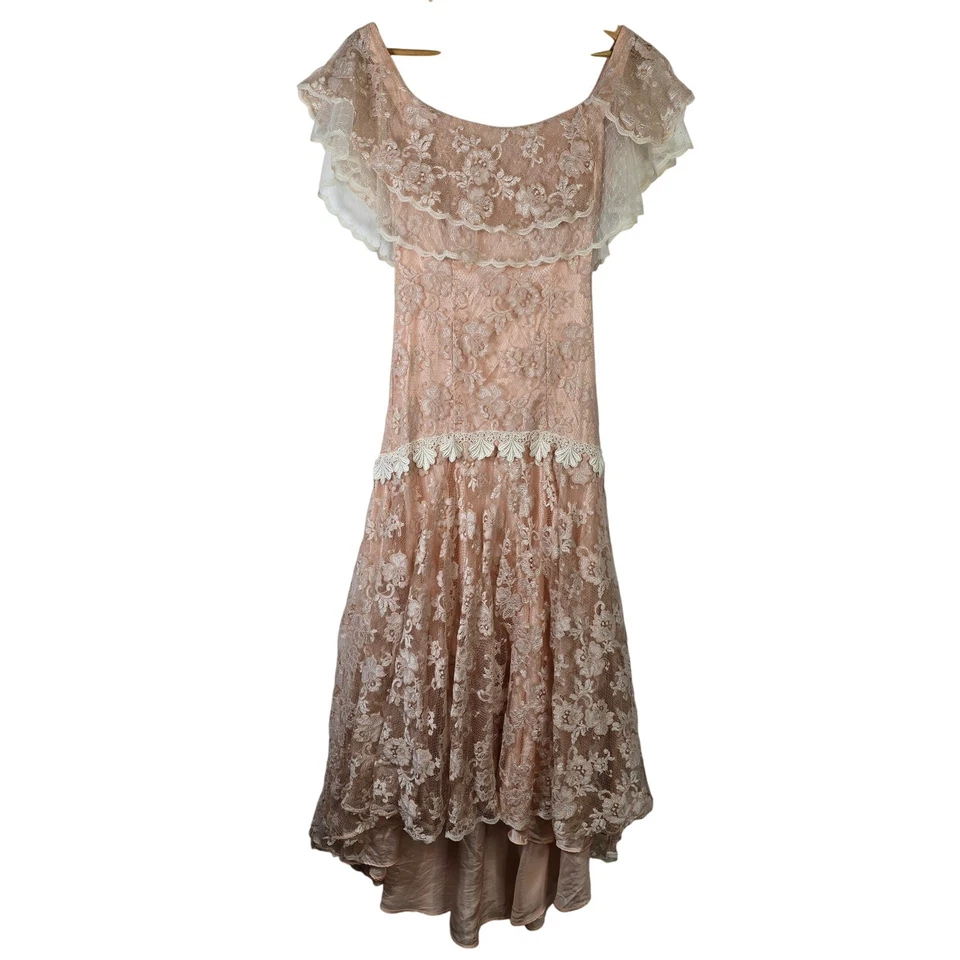 Vestido Loralie Original Vintage Encaje Formal Baile de graduación Rosa Melocotón Floral Superposición Talla 10 Foto 1 de 4