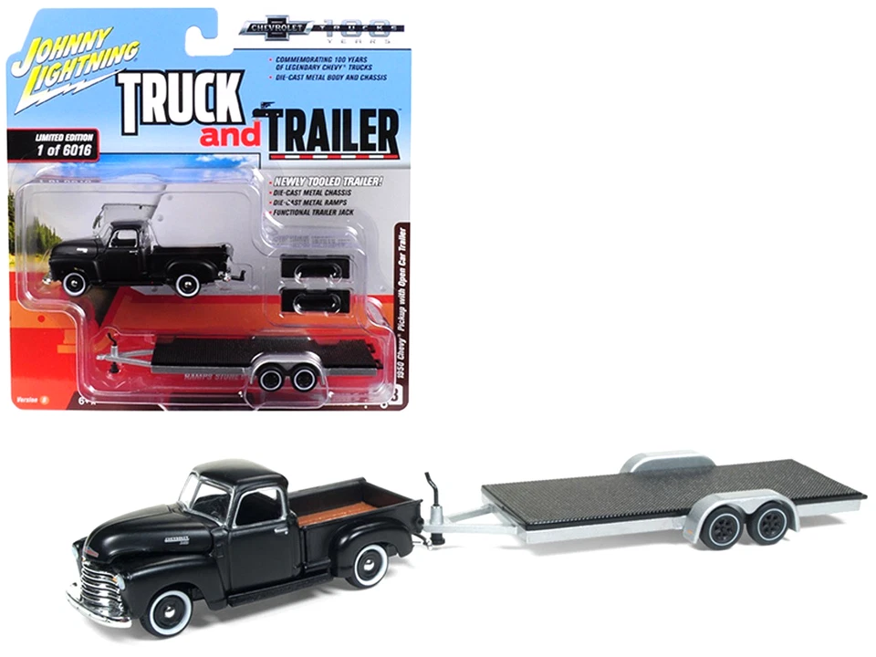 Johnny Lightning 1950 Chevy Pickup Truck w/ Car Trailer 1:64 JLSP007- Flat Black - Image 1 of 1