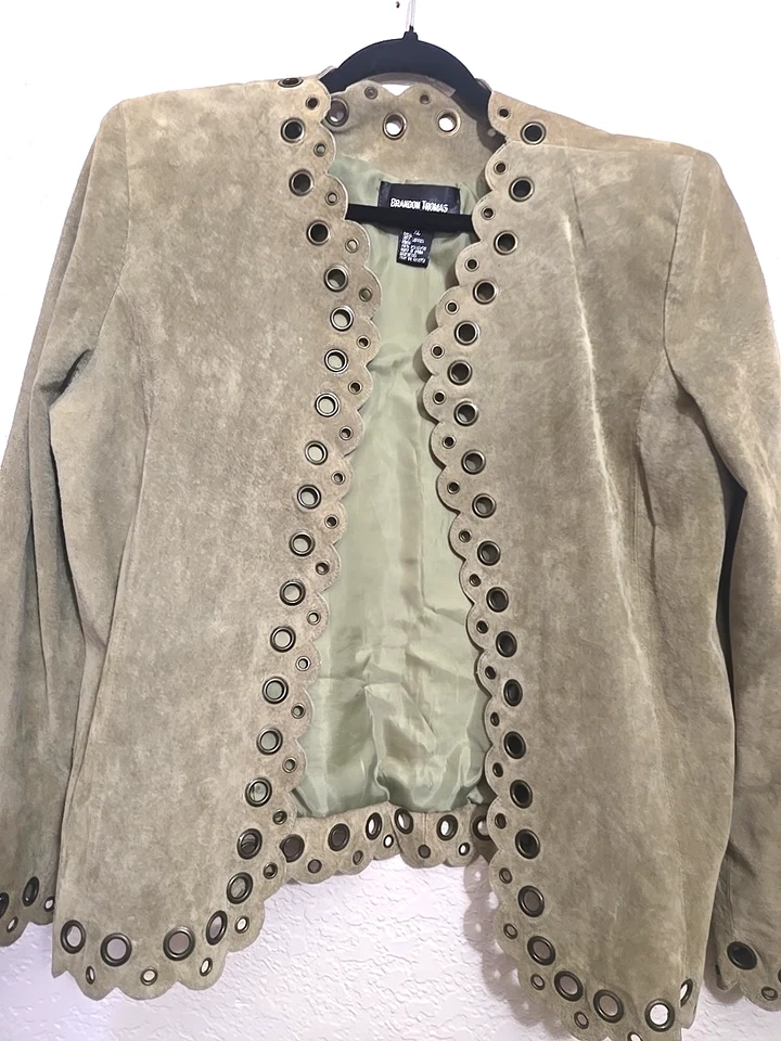 Brandon Thomas XL Blazer Women's Sage Green Suede Leather Jacket Grommet - Image 1 of 4
