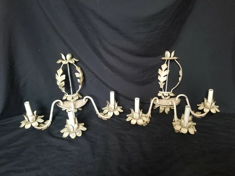 Vintage metal tole flower wall Sconces pair white shabby chic country decor TLC Cover