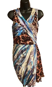 REBECCA MINKOFF 100% Silk Leopard Abstract Print Turquoise Faux Wrap Dress Sz 2 - Picture 1 of 5