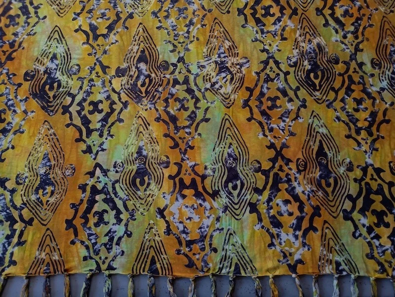 Batik Half Sarong, Green & Amber -  Goddess Symbols, Fringed, 21" by 62" - Image 1 of 1