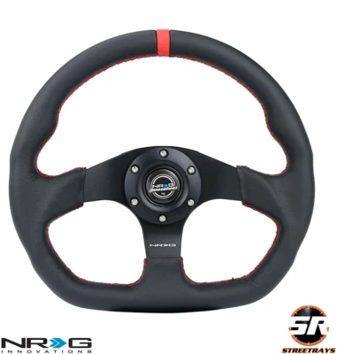 NRG RST-024MB-R-RD Black Leather Steering Wheel - Red Stripe & Stitching - Image 1 of 3