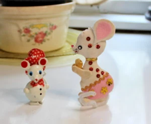 Two Vintage 1960's - 70's Sweet Mouse Ornaments One is Wooden - Picture 1 of 8