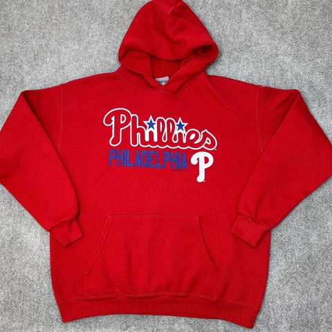 Philadelphia Phillies Hoodie Mens Medium Pullover Red Spell Out Cotton Blend Cover