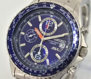 New Battery SEIKO ANA Flightmaster Pilot 7T92-0CF0 Blue Dial Quartz Men's Watch - Picture 1 of 16