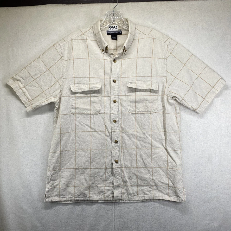 Andrew Fezza Short Sleeve Button Down Beige Linen Blend Checkered Shirt Men's L - Image 1 of 4