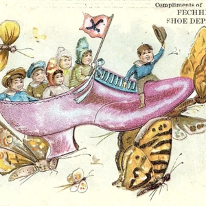 c.1890 Fechheimer Shoe Trade Card Fantasy Kids Flying Shoe Butterfly Cincinnati - Picture 1 of 3