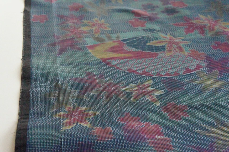 Vintage Japanese Tsumugi Silk Kimono Fabric, Green Blue Woven Maple 165cm(64") - Image 1 of 4