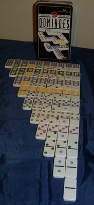 Double 9 Dominoes Complete coloured dots 55 doms in a tin - Image 1 of 4