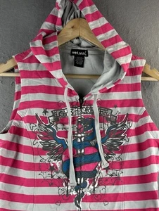 Vintage Wet Seal Zip Vest Sz Large Striped Hot Pink Streetwear Art Hoodie Y2K - Picture 1 of 9