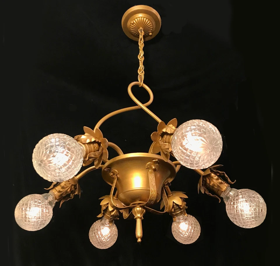 Antique Vtg 6 Light Flower Basket Fixture Tole Hollywood Regency French Italian - Image 1 of 4