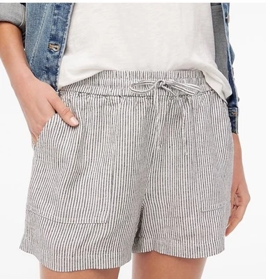 Pantalones Cortos J.Crew Mujer Pequeños Negros Blancos Rayas Mezcla de Lino Parche Bolsillo Cordón Foto 1 de 4