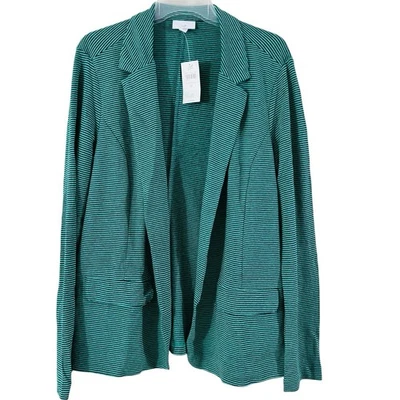 NWT J.JILL Womens Linen Blend Blazer Jacket Open Front M Green Pinstripe Coastal - Image 1 of 4