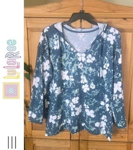 LuLaRoe Eliza Green White Floral XL (16-18) Long Sleeve V-neck Shirt Hoodie - Picture 1 of 6