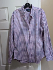 Camisa Polo Ralph Lauren Para Hombre L Rosa Azul Cuadros Botones Calce Ajustado - Imagen 1 de 3