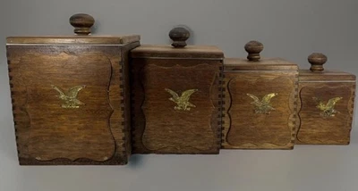 Vintage Wood Kitchen Storage Canister Brass Eagle Emblem Dove Tail Seam Set 4 - Image 1 of 4