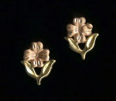 Драгоценные серьги-гвоздики из чистого желтого и розового золота 14 карат с лепестками цветов 12 мм *DE - Изображение 1 из 2