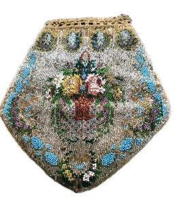 Art Deco Micro Glass Beaded Purse Victorian Flower Basket Turquoise 1900's - Bild 1 von 8