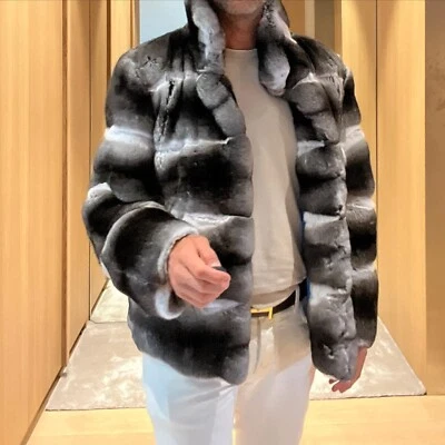 Men Natural Chinchilla Print Soft Real Rex Rabbit Fur Overcoat Jacket Thick Coat - Image 1 of 4