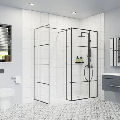 KBSTAR Walk In Wet Room Shower Enclosure Screen Flipper Panel Black Grid Glass Cubicle