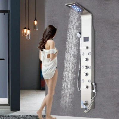 Sistema de torre de panel de ducha LED para masaje de cabeza de lluvia y cascada de acero inoxidable Foto 1 de 4