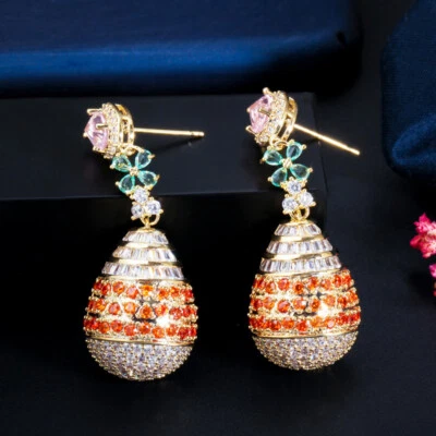 Pendiente de hoja larga colgante redondo de circonita cúbica naranja para boda circonita cúbica joyería Foto 1 de 4