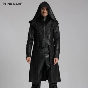 Punk Rave Black Gothic Wizard Men's Hooded Zipper Front Jacket Vintage Long Coat - Picture 1 of 20