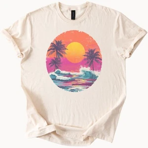 Sunset Palm Beach Waves TShirt Tropical Vacation Tee - Picture 1 of 6