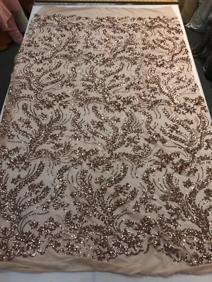 ROSE GOLD SEQUINS VINES DESIGN EMBROIDERY ON A 4 WAY STRETCH MESH-BY THE YARD. - Image 1 of 4
