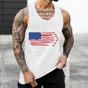 Mens Summer Tank Top Vest Breathable plus Size US Independence Day Casual Sleeve - Picture 1 of 17