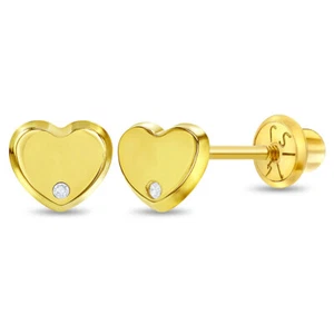 14k Yellow Gold Little Girl's 5mm Small Diamond Accent Heart Screw Back Earrings - Picture 1 of 6