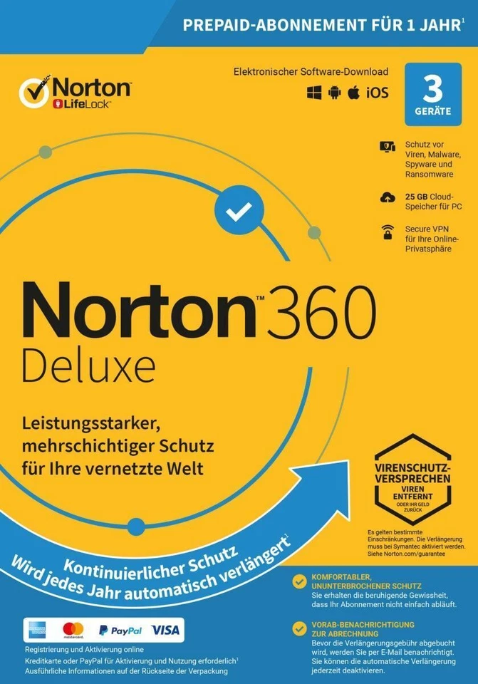 NORTON 360 2025 DELUXE 3 Geräte  PC MAC 1 Jahr mit Cloud KEIN ABO SOFORT @GWC - Bild 1 von 1