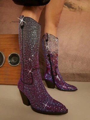 New Purple Ombre Rhinestone Cowboy/Cowgirl Western Mid Calf Boots Block Heel Zip - Image 1 of 4