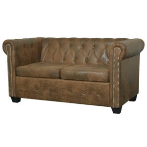 Chesterfield Sofa 2-Seater Brown Faux Leather - Picture 1 of 5