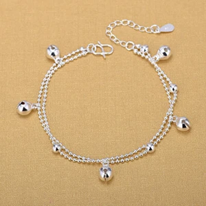 Womens 925 Sterling Silver Bells Beaded Link Chain Foot Ankle Bracelet #A43 - Picture 1 of 5