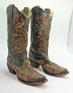Corral Women's 6 M Laser Inlay Black Hot Pink Leather Cowboy Boot Snip Toe $270 - Picture 1 of 12