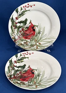 2 Williams Sonoma Woodland Berry Red Cardinal Bird Salad Plates NEW - Picture 1 of 5