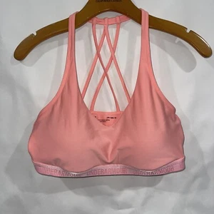 UNDER ARMOUR Women Size Large Sports Bra Neon Orange Strappy Padded Logo Band - Picture 1 of 8