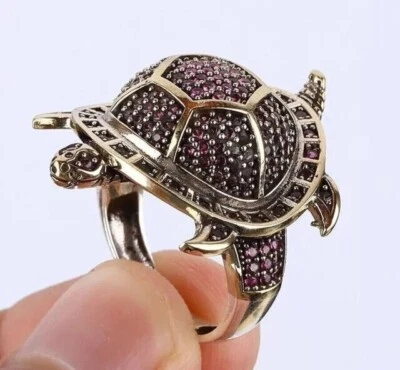 3.00Ct Round Lab-Created Red Ruby Men's Lucky Turtle Ring 14k Yellow Gold Plated - Image 1 of 4