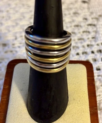 Lia Sophia  Silver and Gold Tone Striped 3/4" Wide Band Ring Size 6.  9 Grams - Image 1 of 4