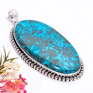 Azurite Gemstone Vintage Handmade Jewelry.925 Silver Plated Pendant 3" GSR-9038 - Picture 1 of 2