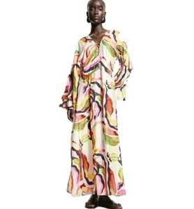 H&M Maxi Kaftan Dress Lace Front Slits Cream Colorful Print Artsy Boho Women's M - Picture 1 of 15