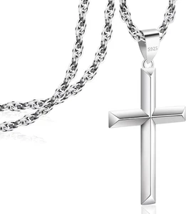 925 Sterling Silber Kreuz Halskette abgeschrägter Rand für Herren Damen 3 mm Edelstahl - Bild 1 von 12