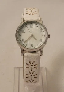 Women's White Face Quartz Watch - Silver Tone Case, Floral Perforated White Band - Picture 1 of 11